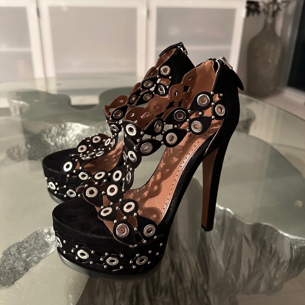 Alaia Black Suede Lasercut Platform Heels